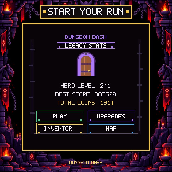 Startskærmen i Dungeon Dash med helteniveau, rekord, mønter og adgang til inventory og kort