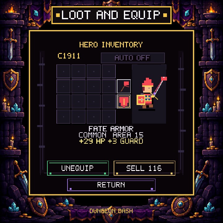 Inventory i Dungeon Dash med udstyret helt, våben, rustning og Auto Sell
