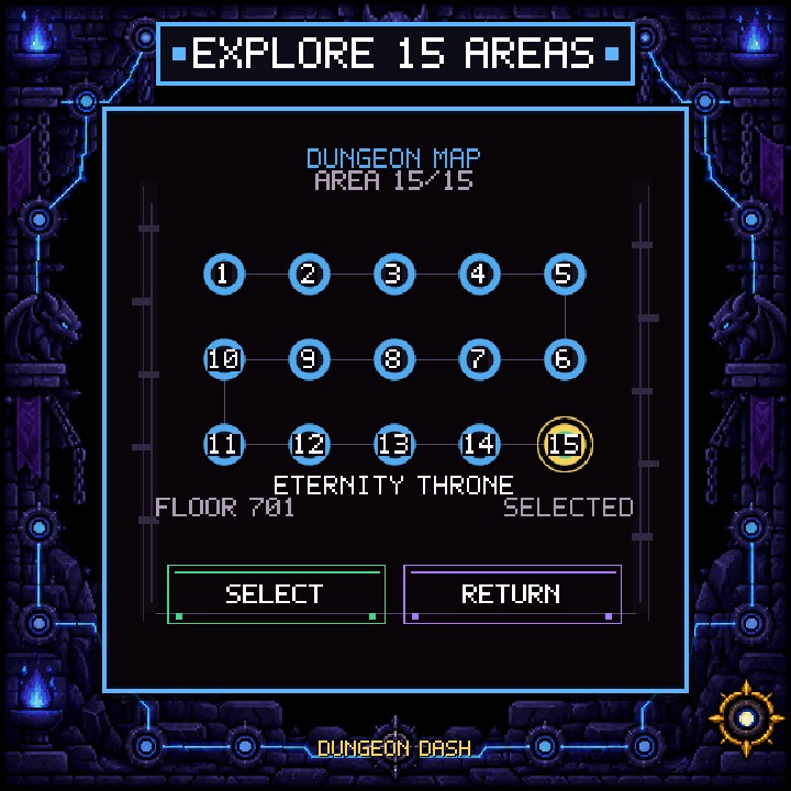 Kortet i Dungeon Dash med spillets 15 områder og Eternity Throne som sidste område
